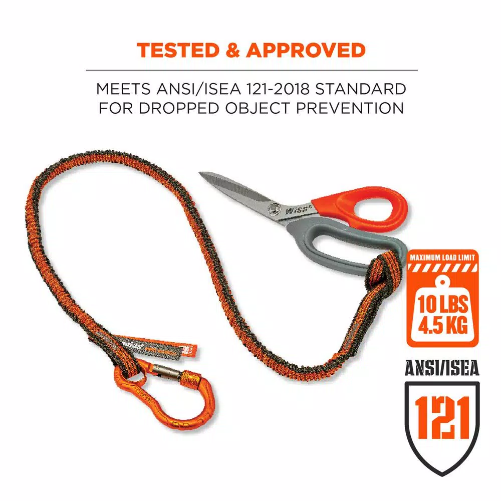 Ergodyne Squids 3100F(x) Single Carabiner Tool Lanyard, 10 lb. Capacity, Orange and Gray