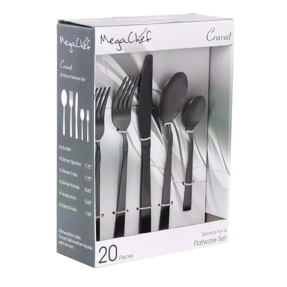 Megachef Cravat 20-Piece Matte Black Flatware Set, 18/10 Stainless Steel Silverware Service for 4