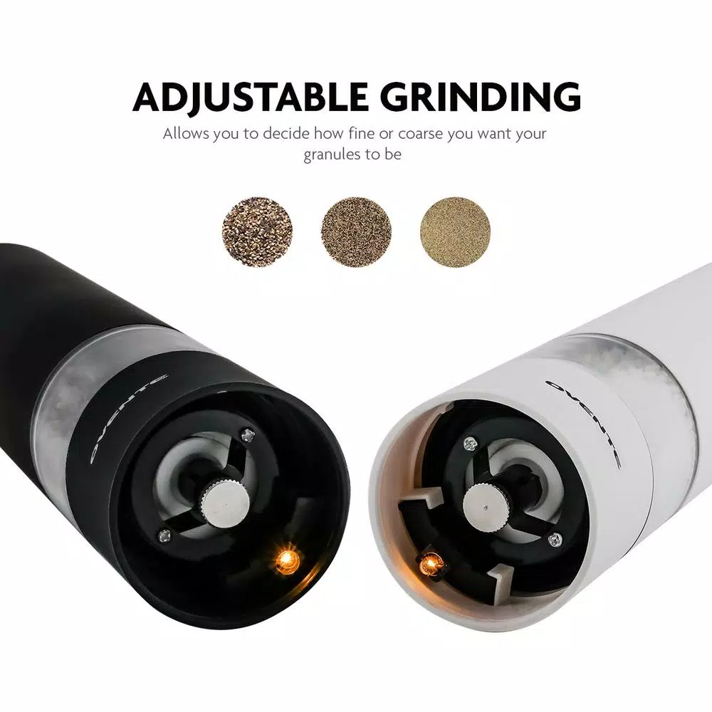 Ovente Electric Salt and Pepper Grinder Set, Battery Operated, Adjustable Coarseness, Black and White