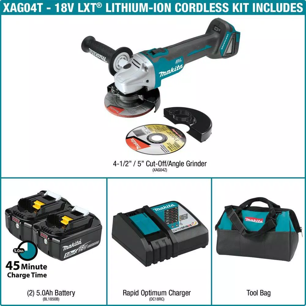 Makita 18V LXT Brushless 4-1/2" / 5" Cordless Angle Grinder Kit with 5.0Ah Batteries and Charger