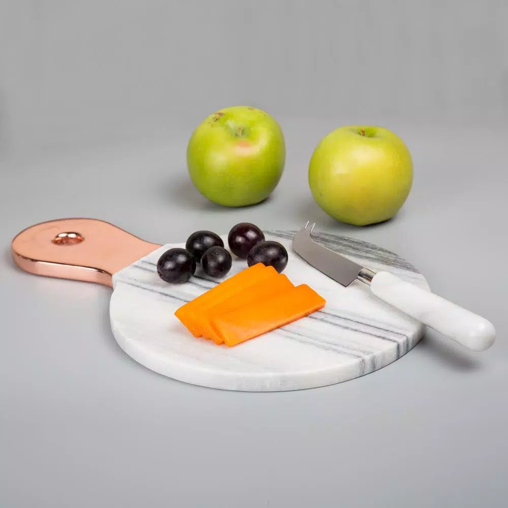 Creative Home Natural White Marble Cheese Serving Board with Stainless Steel Copper Trim Handle, 12.2 x 8 in.