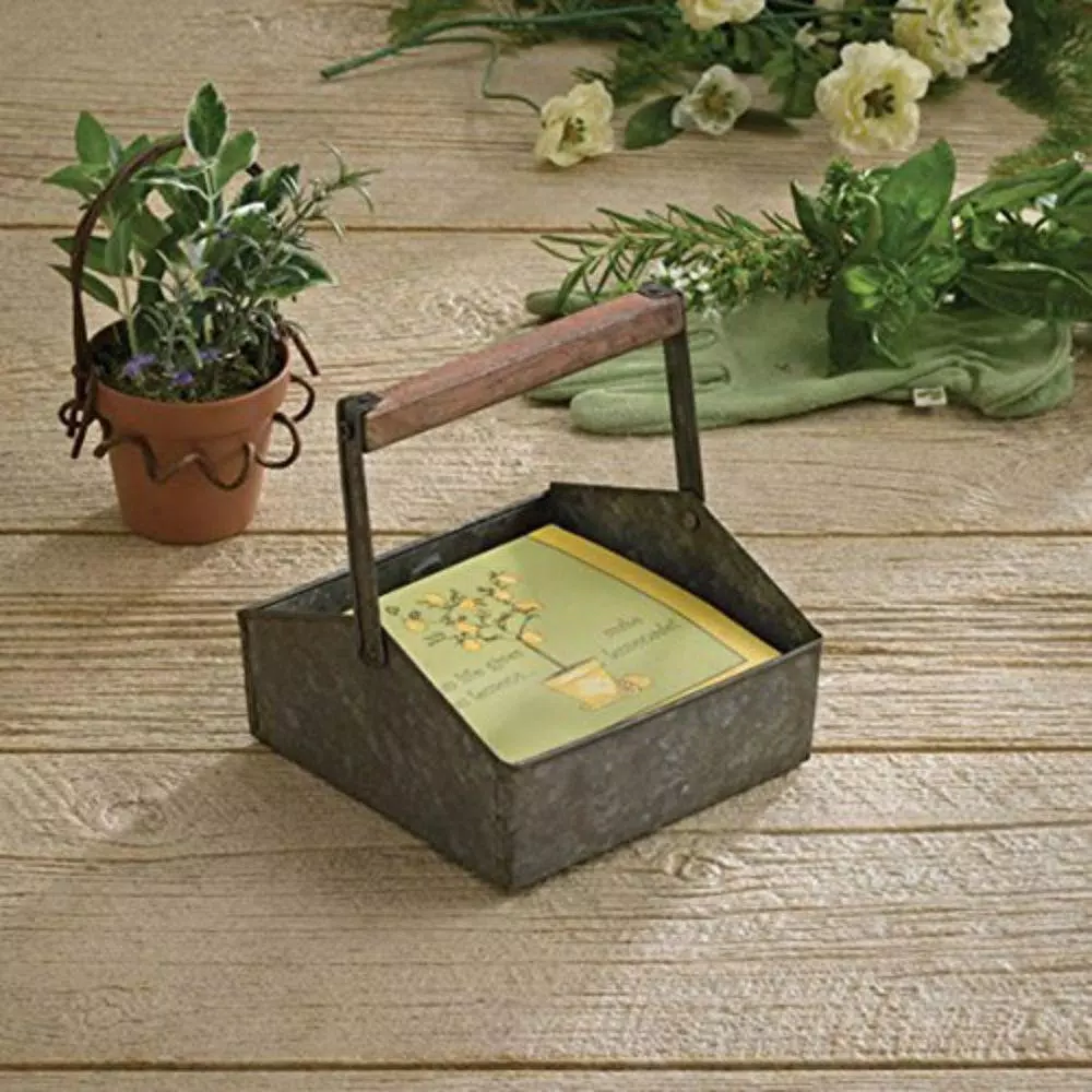 Benzara Gray Galvanized Metal Beverage Napkin Caddy Organizer with Wooden Handle