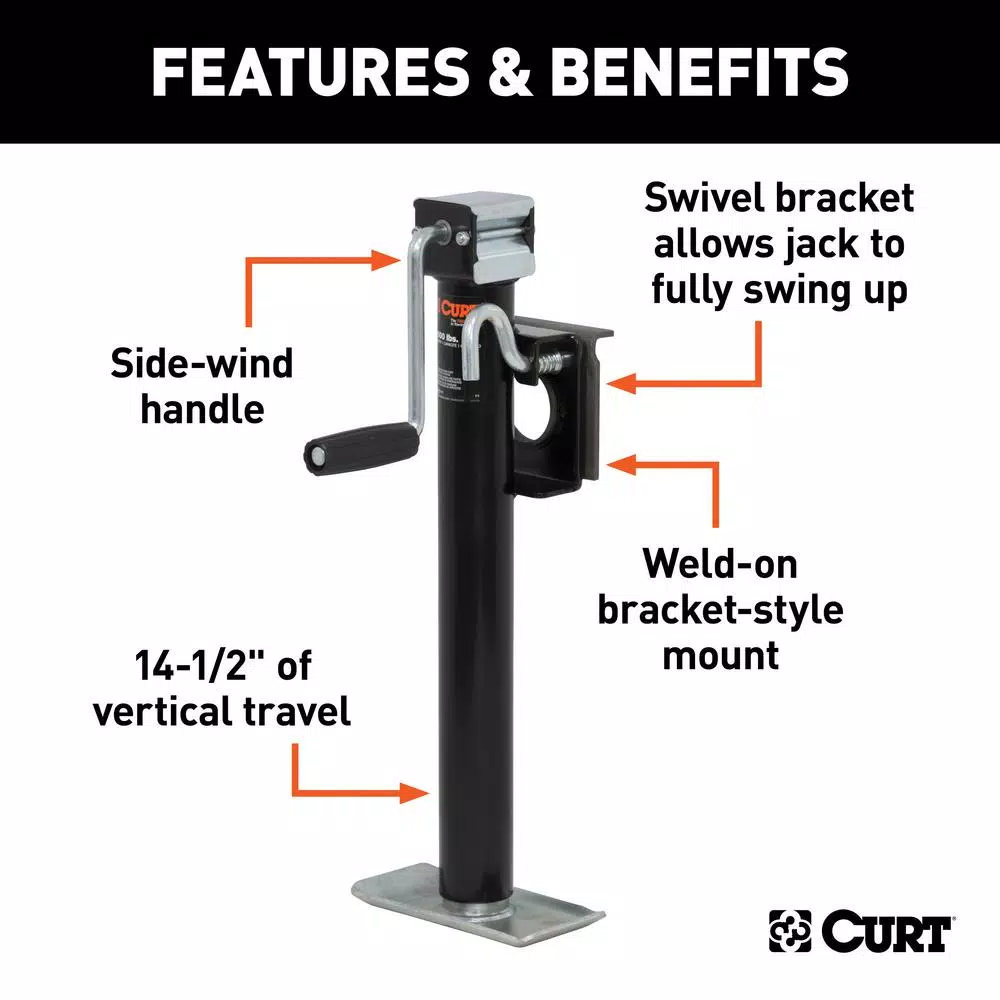 CURT Bracket-Mount Swivel Trailer Jack with Side Handle, 2,000 lbs. Capacity, 15 in. Travel