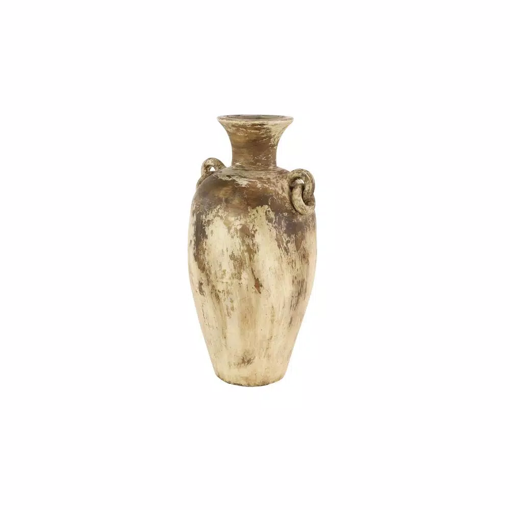 LITTON LANE 28" Distressed Beige and Brown Ceramic Amphora Floor Vase - Farmhouse Style