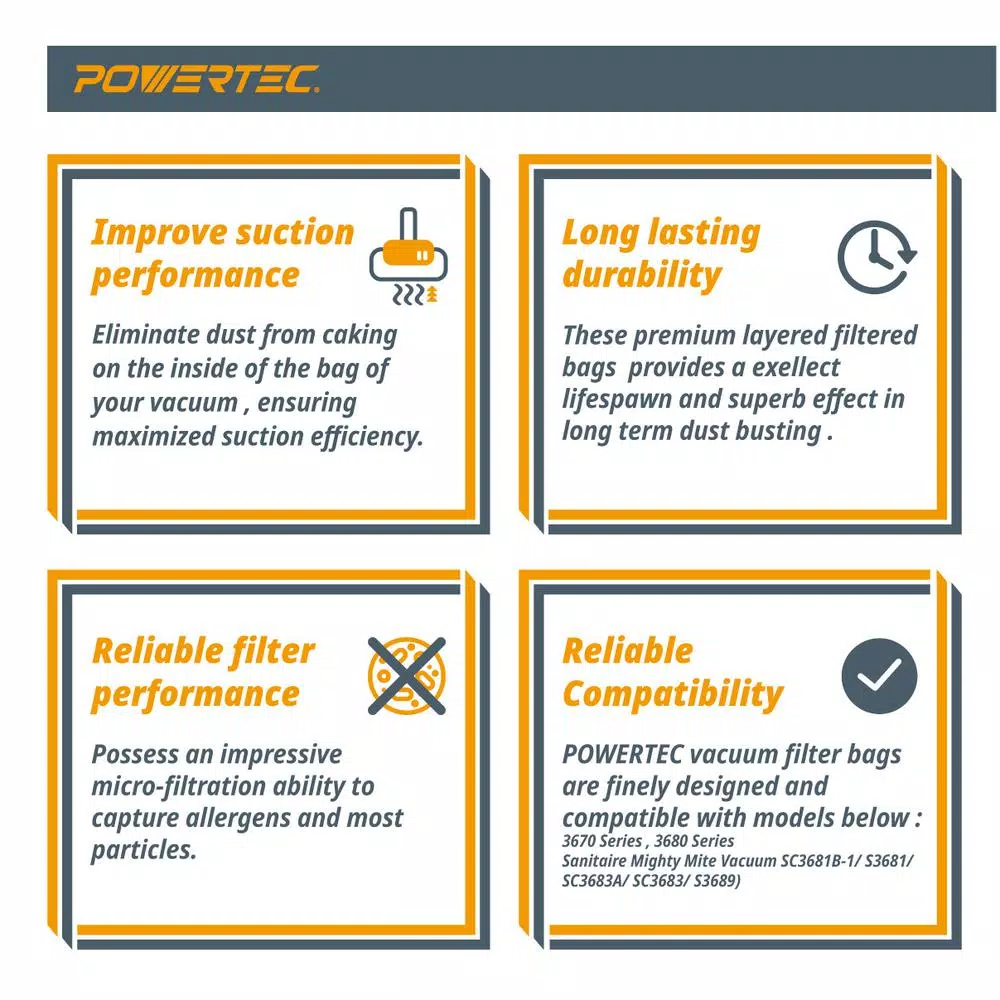 POWERTEC 10-Pack Premium 2-Ply Replacement Filter Bags for Eureka Mighty Mite MM Vacuum