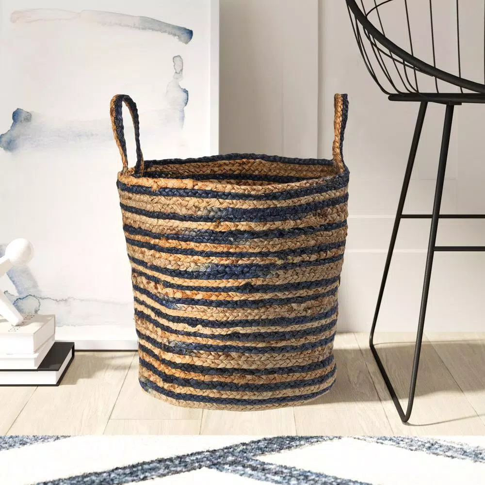 LR Home Wonder Striped Braided Navy Blue Natural Jute Decorative Storage Basket with Handles