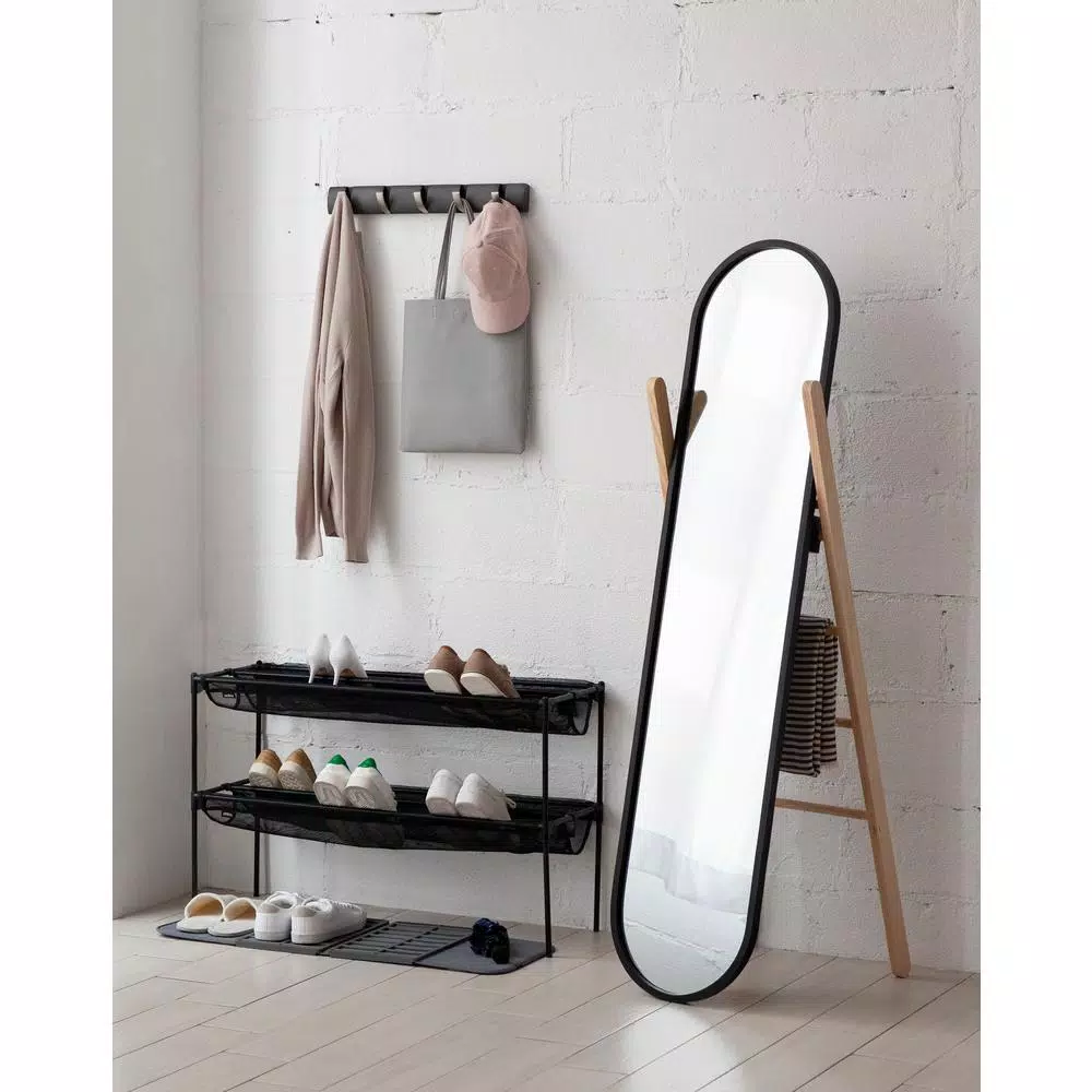Umbra Modern Black Leaning Floor Mirror with Solid Wood Easel Storage Rack