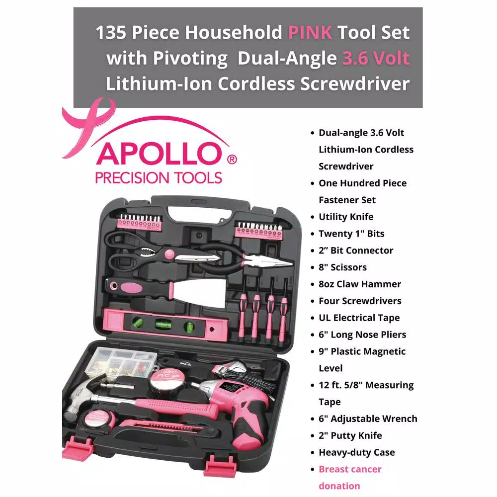 Apollo 135-Piece Home Tool Kit with 3.6V Cordless Screwdriver in Pink