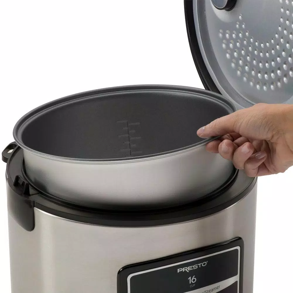 Presto 16-Cup Stainless Steel Rice Cooker with Non-Stick Pot and Steaming Basket