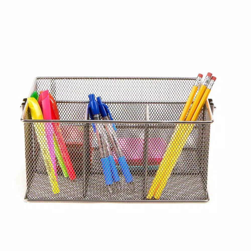 Mind Reader Silver Metal Mesh 4-Compartment Multipurpose Storage Basket and Utensil Holder