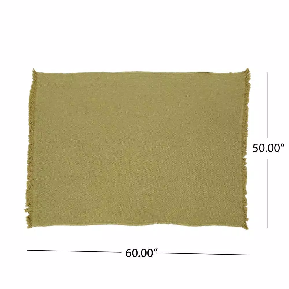 Noble House Brindle Olive Green Cotton Throw Blanket with Geometric Pattern and Fringes