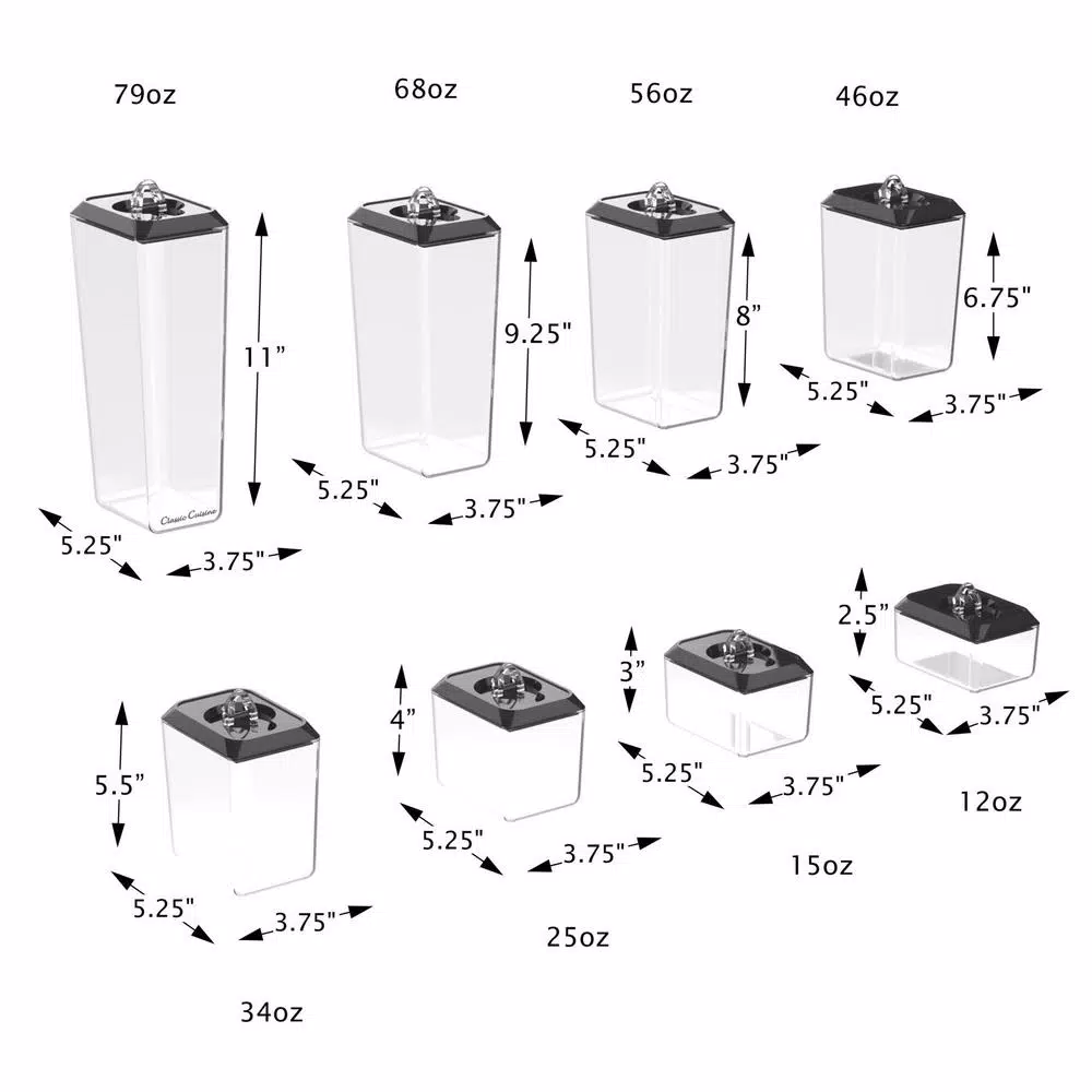 Classic Cuisine 8-Piece Airtight Plastic Food Storage Container Set, Stackable Rectangular Canisters