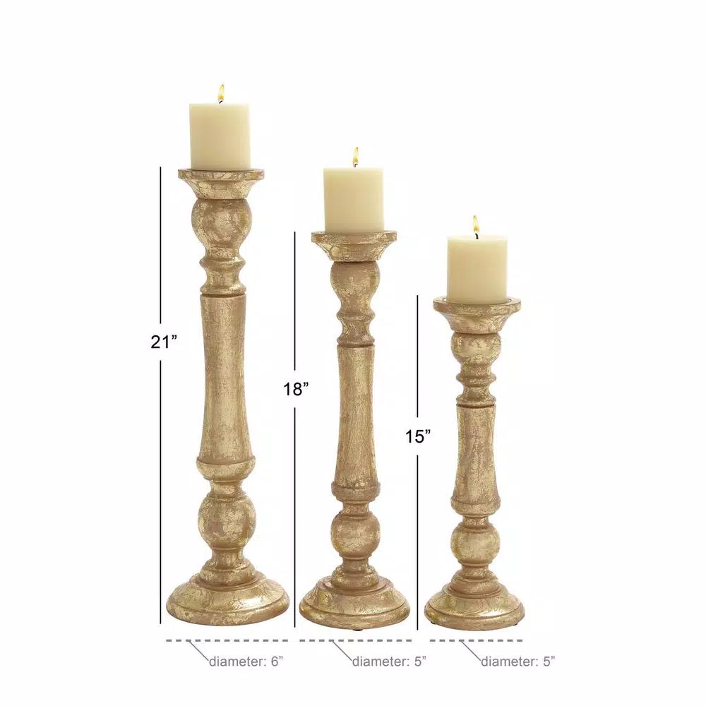 LITTON LANE Golden Mango Wood Candle Holder Set, Set of 3, Distressed Gold Finish