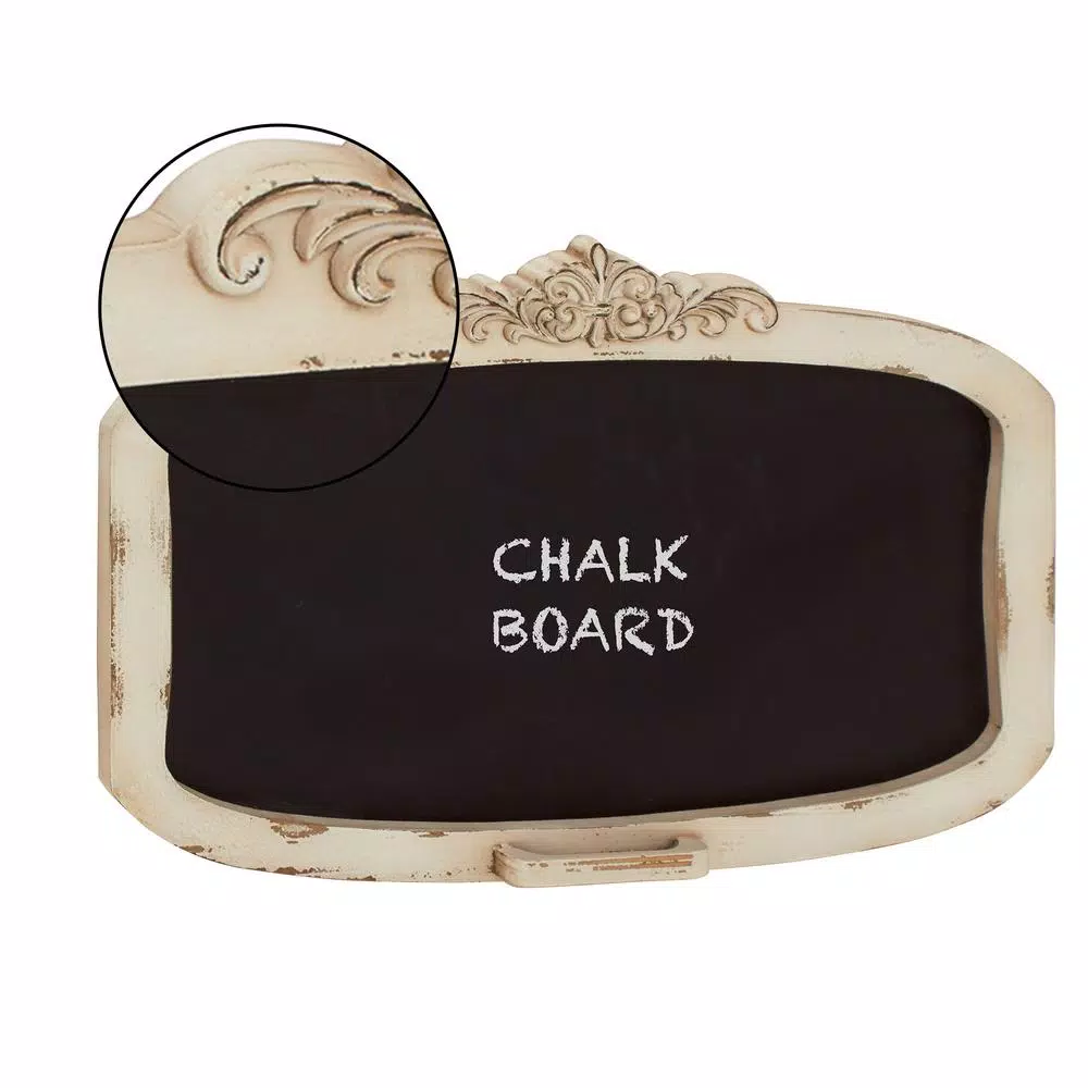 LITTON LANE Shabby Chic 28 in. Wooden Chalkboard Memo Board with Distressed Ivory Frame and Trinket Tray