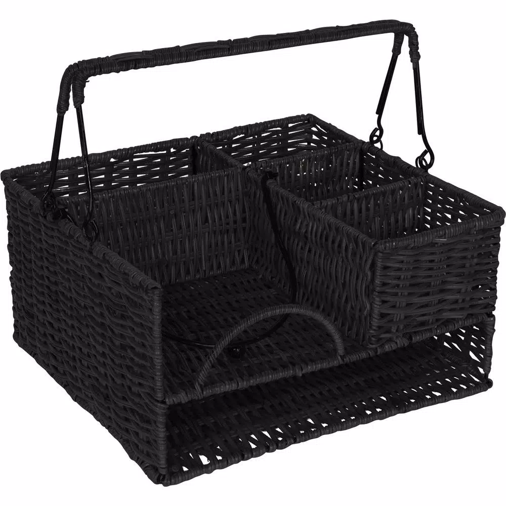 Trademark Innovations 12 in. Black Rattan Tabletop Condiment Organizer and Flatware Caddy