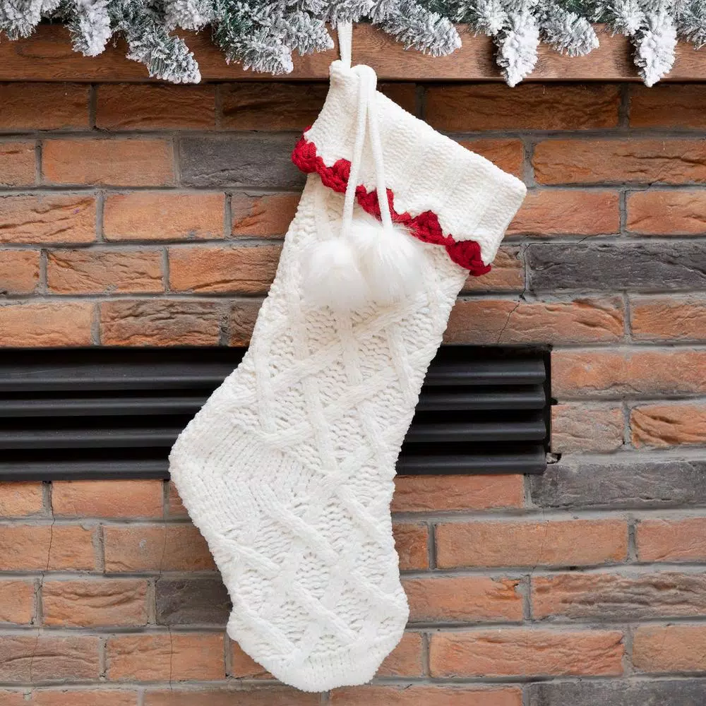 Glitzhome 22 in. White Knitted Christmas Stocking with Red Trim and Pompoms