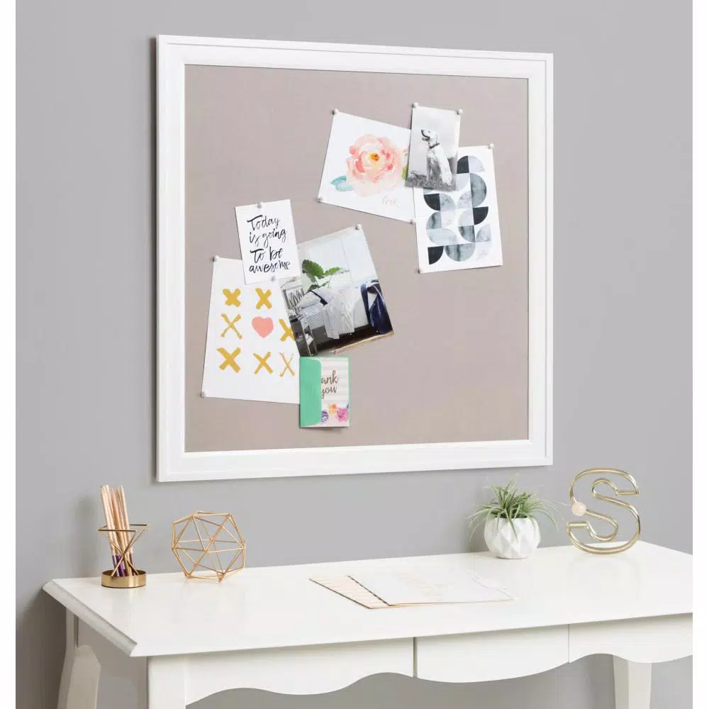 DesignOvation Bosc White Fabric Pinboard Framed Linen Memo Board, 31.5 x 31.5 in