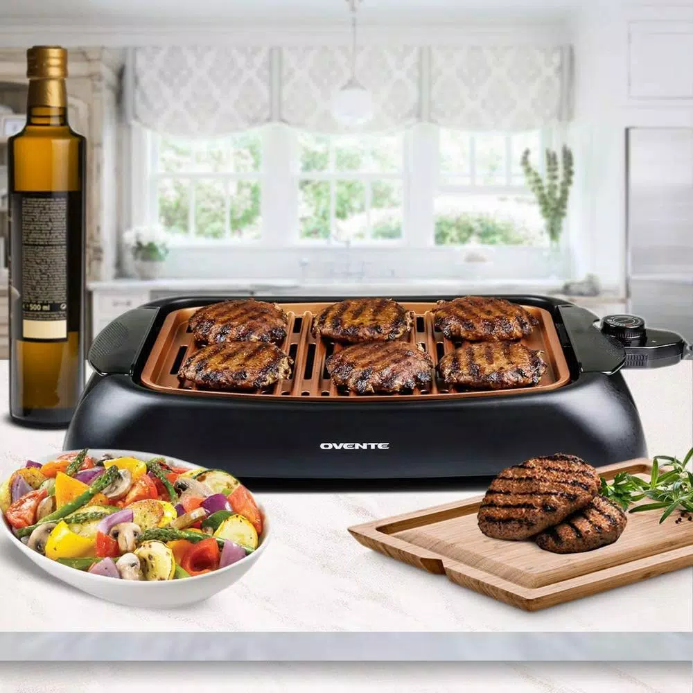 Ovente 1000W Portable Indoor Smokeless Grill, 13x10 inch Non-Stick Aluminum Grilling Plate, Copper