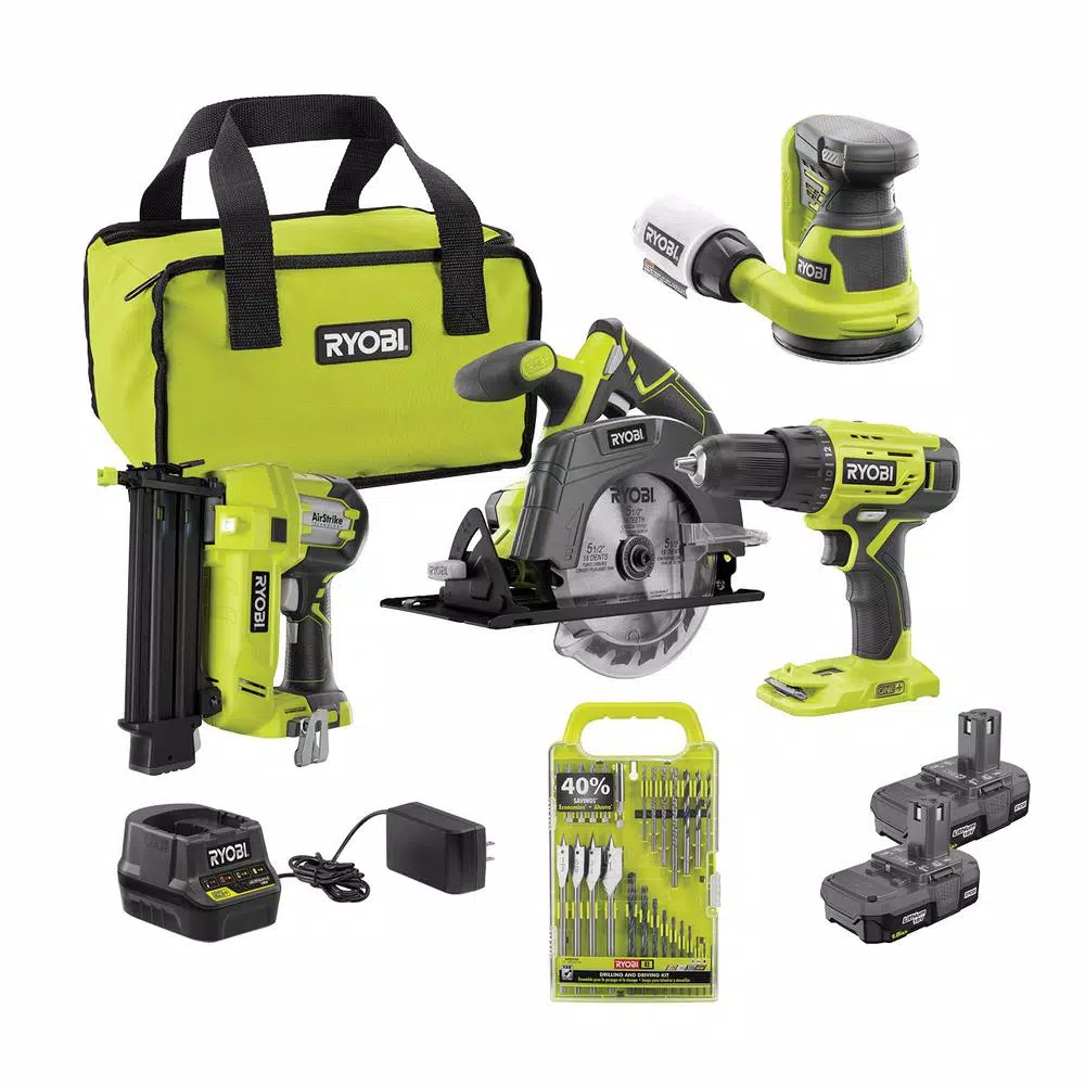 RYOBI 18V ONE+ Cordless 4-Tool Combo Kit with 31-Piece Bit Set, 2 1.5 Ah Batteries, Charger and Bag