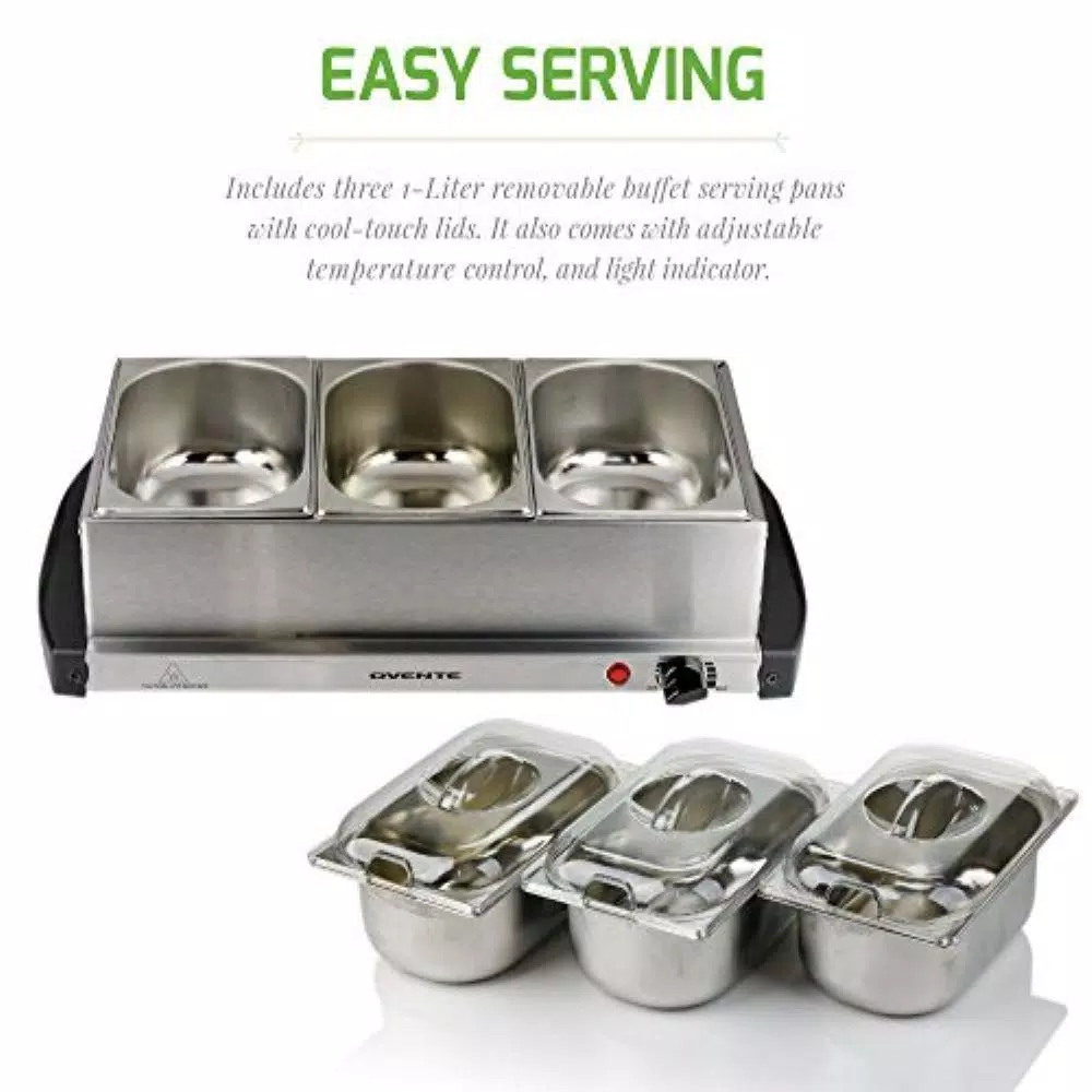 Ovente FW153W 3-Tray Buffet Server with Stand-Alone Warming Tray, Stainless Steel