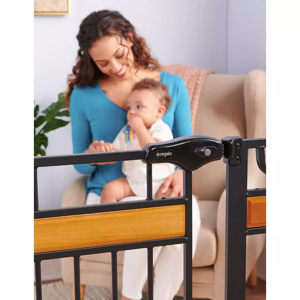 Regalo Home Accents 37 in. Extra-Tall Metal Walk-Through Designer Baby Gate, Black & Cherry Wood