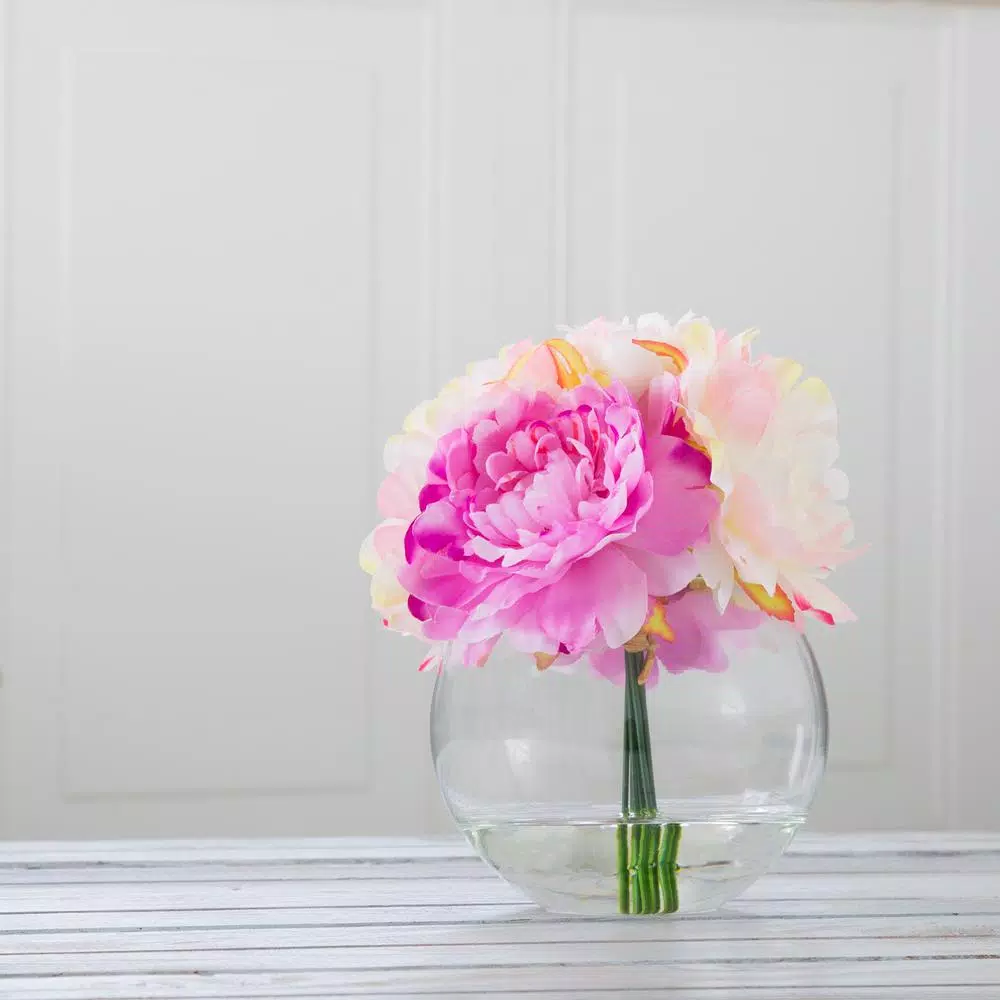 Pure Garden 7.5 in. Pink Peony Floral Arrangement in Glass Vase