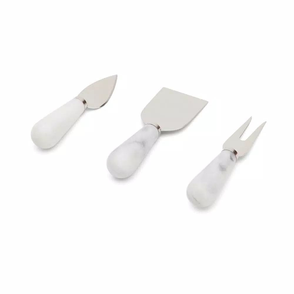 Fox Run White Marble and Stainless Steel Cheese Knife Set of 3 - Knife, Fork, and Spreader