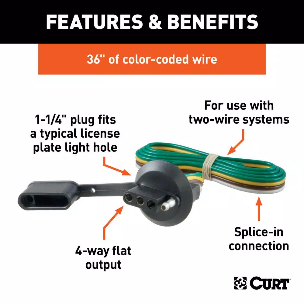 CURT 4-Way Flat License Plate Light Plug Connector with 36" Wires