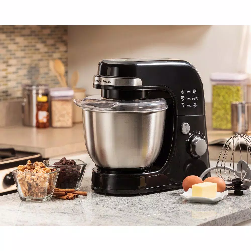 Hamilton Beach 4 Qt. 7-Speed Stand Mixer with Stainless Steel Bowl and 3 Attachments, Black