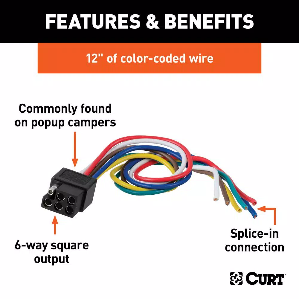 CURT 6-Way Square Trailer Connector Socket with 12" Color-Coded Wires