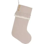 VHC Brands 20 in. Cotton Carol Khaki Tan Chambray Farmhouse Christmas Stocking with Lace and Wood Buttons thumbnail 1