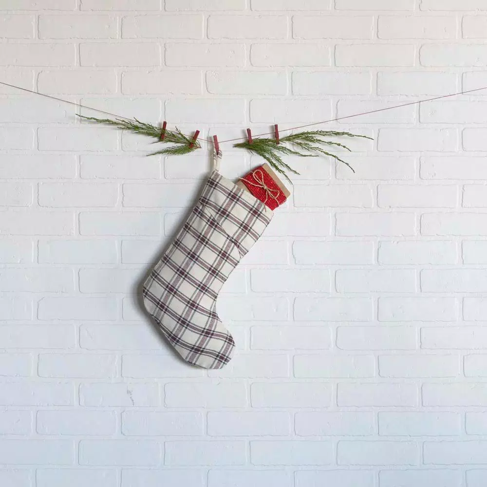 VHC Brands Amory Ivory White & Brick Red Plaid 15 in. Cotton Farmhouse Christmas Stocking