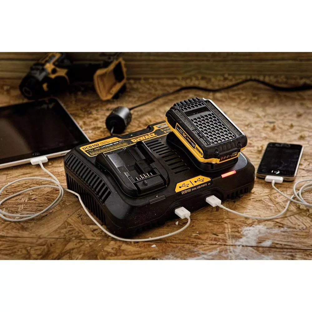 DEWALT DCB102 12V/20V MAX Lithium-Ion Dual Port Jobsite Charging Station with 2 USB Ports