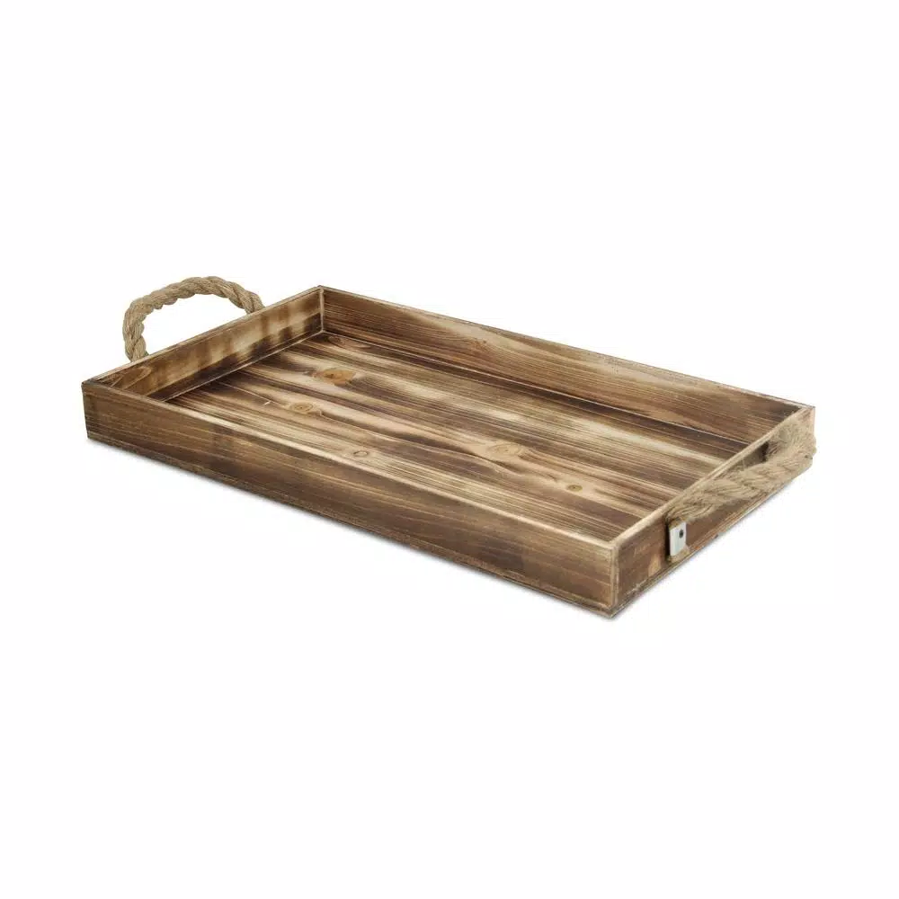 Cheungs Natural Wood Rectangular Decorative Tray with Rope Side Handles - Farmhouse Style