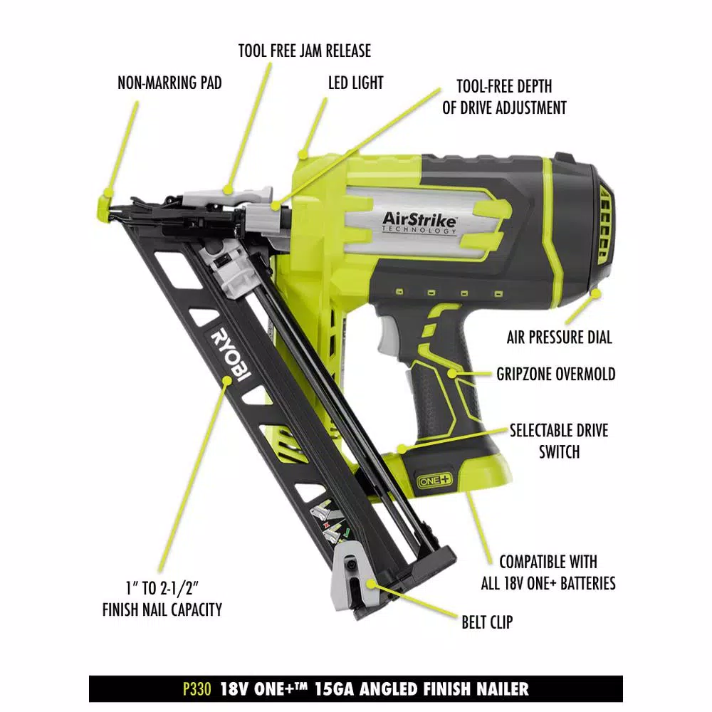 RYOBI 18V ONE+ 15-Gauge Angled Cordless AirStrike Finish Nailer Kit with 2.0 Ah Battery and Charger