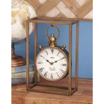 LITTON LANE 13 in. Round Iron Table Clock with Rectangular Metal Frame, Tarnished Bronze Finish thumbnail 1