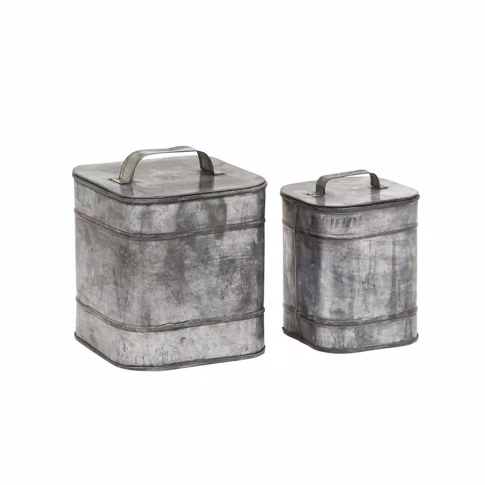 LITTON LANE Rustic Galvanized Iron Square Metal Storage Boxes with Lids, Set of 2