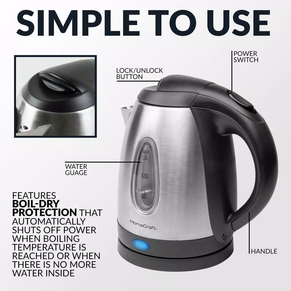 HomeCraft 1-Liter Stainless Steel Electric Kettle, 1500W Rapid Boil, 4-Cup Cordless Water Boiler
