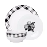 Godinger Damier 12-Piece Porcelain Dinnerware Set, Black and White Checkerboard Design, Service for 4 thumbnail 1