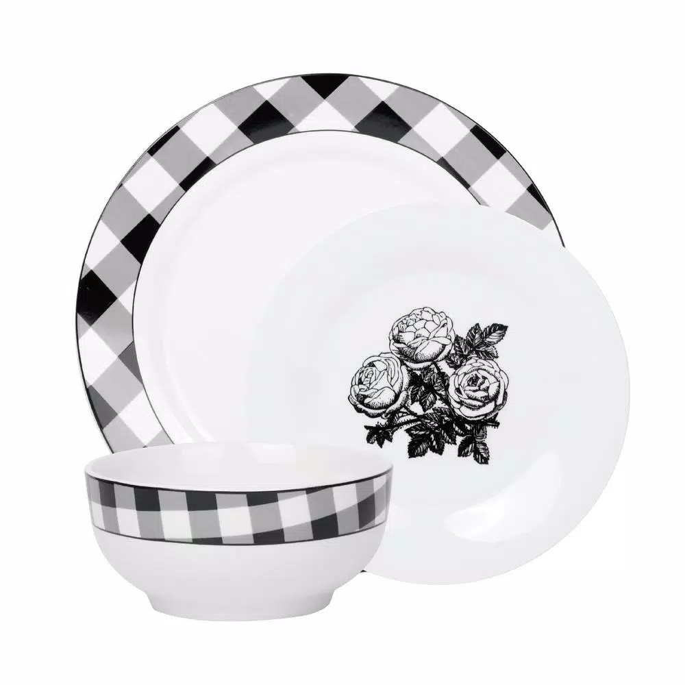 Godinger Damier 12-Piece Porcelain Dinnerware Set, Black and White Checkerboard Design, Service for 4