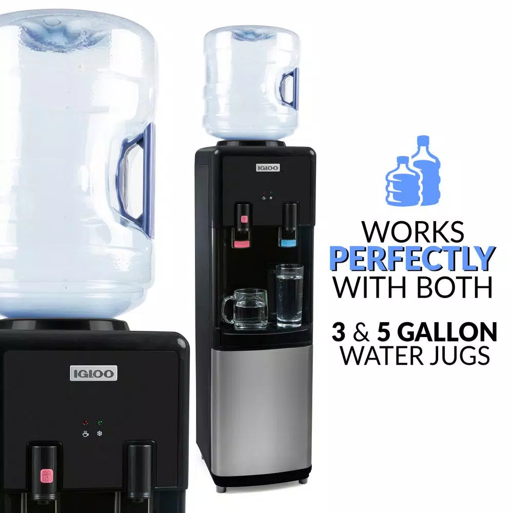 Igloo Top Loading Water Dispenser, Hot and Cold Water Cooler in Black and Stainless Steel