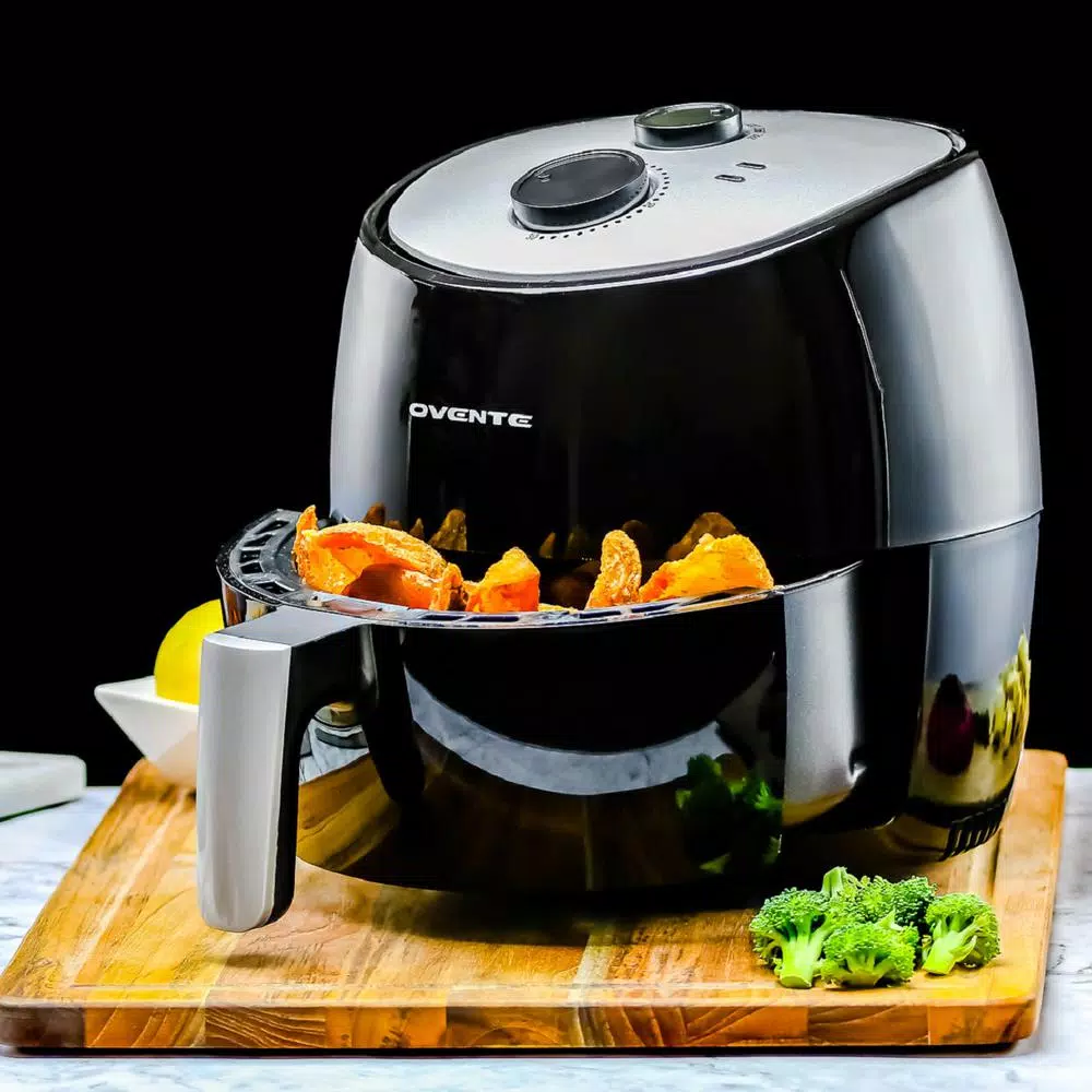 Ovente 3.2 Qt. Black Stainless Steel Electric Air Fryer, 1300W with Non-Stick Removable Basket