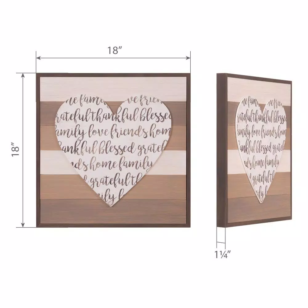 Pinnacle Patton Wall Decor 18x18 Thankful Grateful Blessed Cut-Out Heart Wood Sign