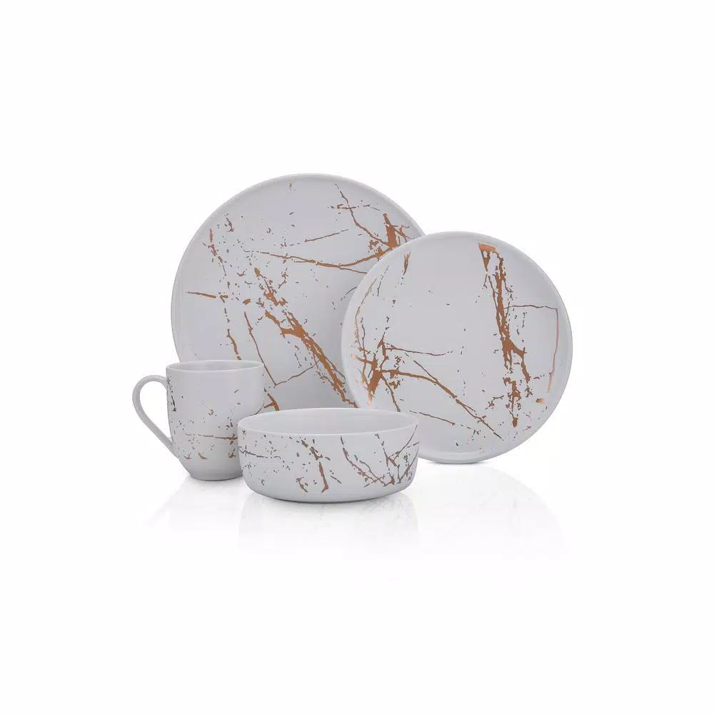 Stone Lain 32-Piece Porcelain Dinnerware Set, Gold Splash White Round Dishes for 8