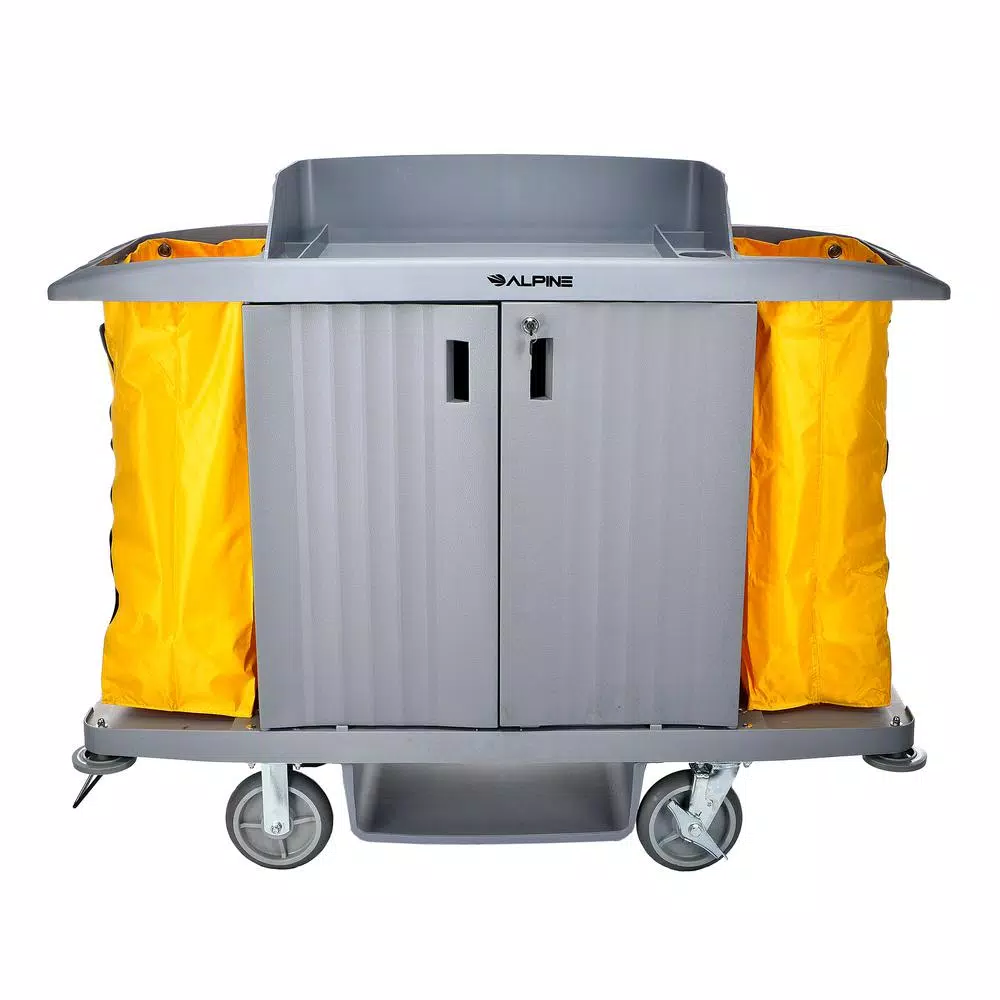 Alpine Industries 3-Shelf PVC Janitorial Cleaning Cart with 2 Yellow Vinyl Bags