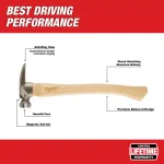 Milwaukee 19 oz. Smooth Face Hickory Wood Framing Hammer with Magnetic Nail Set thumbnail 2