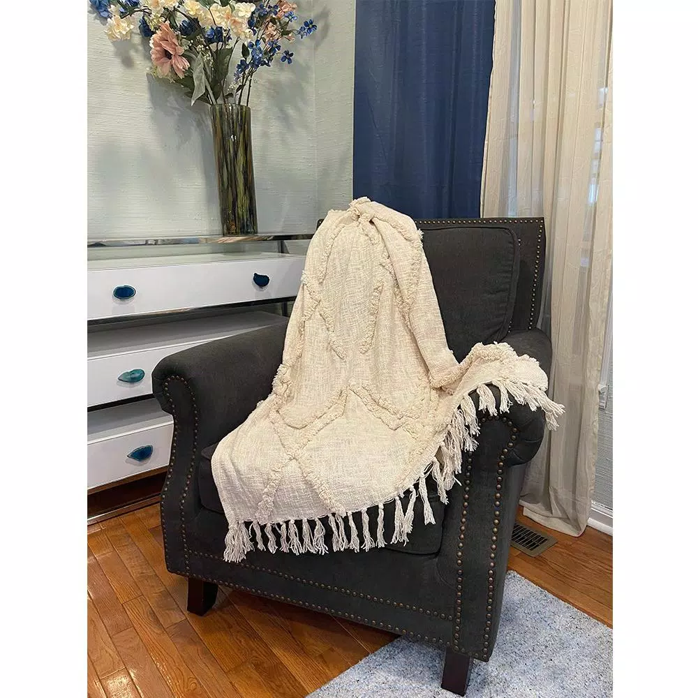 LR Resources LR Home Handmade Boho Tufted Cotton Throw Blanket with Fringe, Beige, 50 x 60 in