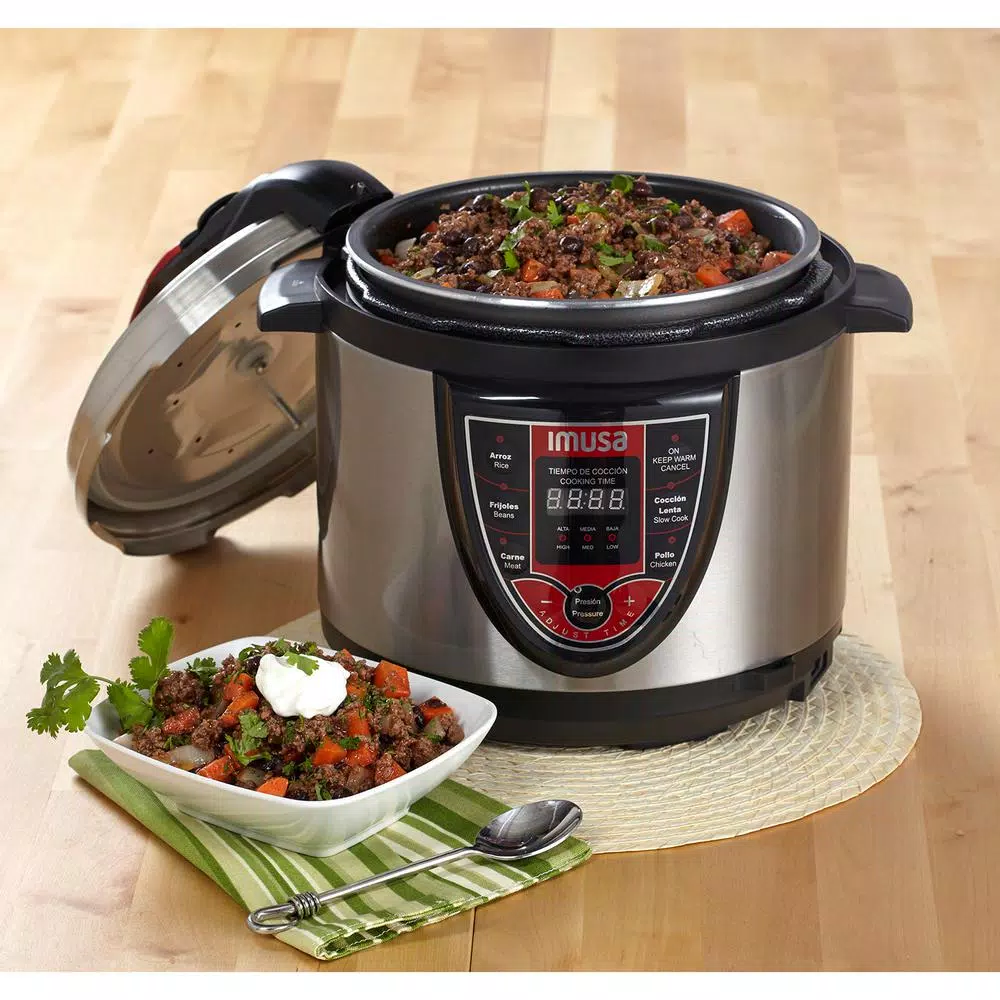 IMUSA 5 Qt. Electric Pressure Cooker, Silver and Red with Digital Display