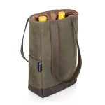 Picnic Time Khaki Green Waxed Canvas 2-Bottle Insulated Wine and Cheese Tote Bag thumbnail 3