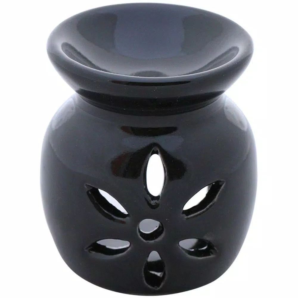 Benzara Black Handmade Ceramic Oil Diffuser and Warmer with Leaf Cutout Design